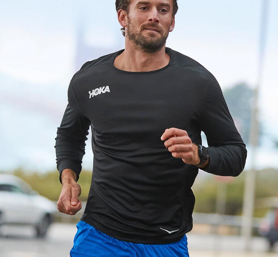 Hoka Australia One One Performance 3/4 Sleeve - Mens Tops Black - RPCZL-7028